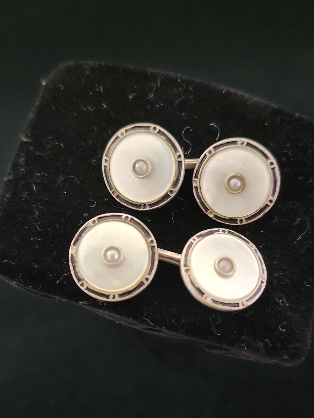 Vintage Art Deco Double Sided Mother of Pearl Seed Pearl Cufflinks Black Enamel